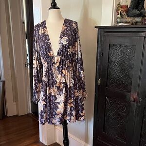 Free People Floral Long Sleeve Dress - Purple and Cream